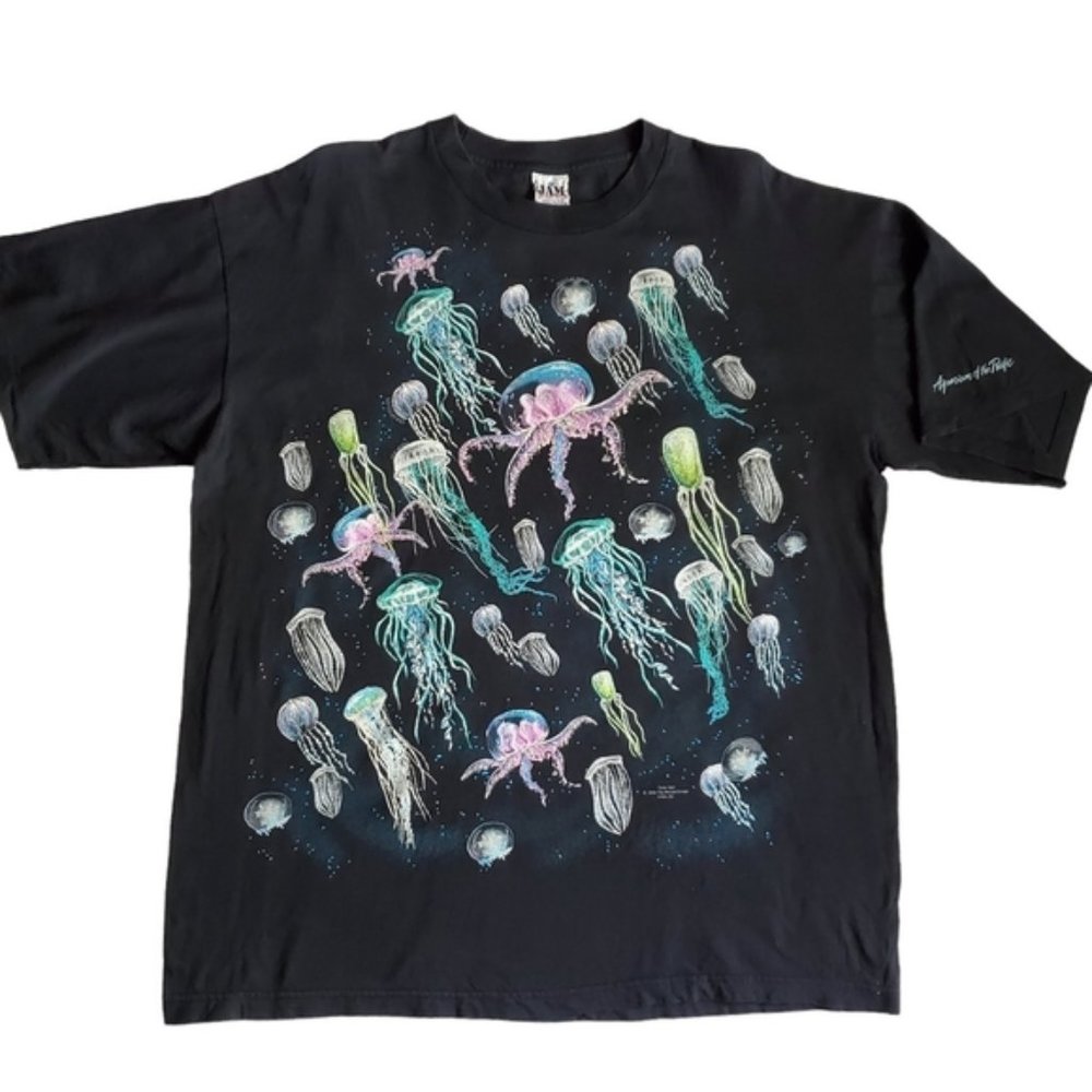 1998 Vintage Peter Kull Aquarium Of The Pacific Jellyfish Print T-Shirt Size XXL
